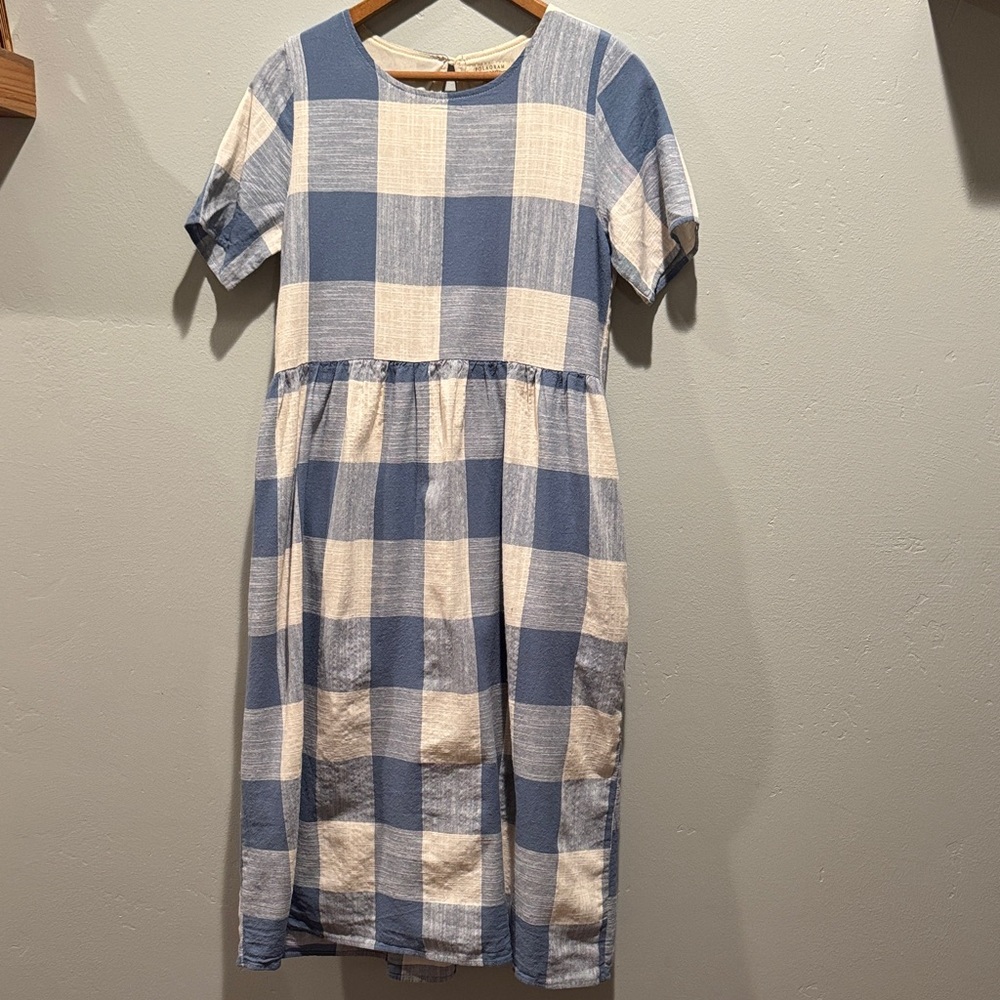 Polagram Blue Cream Gingham Classic Short Sleeve Midi Lined Dress